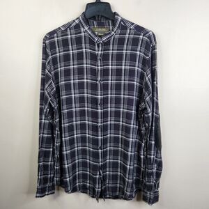 Zara Man Long Sleeve Collarless Faux Leather Elbow Patch Plaid Button Down Large